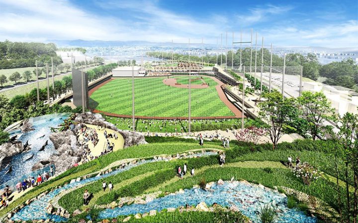 緑と広い空に囲まれた「東京ジャイアンツタウン」。球場と水族館が一体となって新たな賑わいを創り出す（イメージ）
