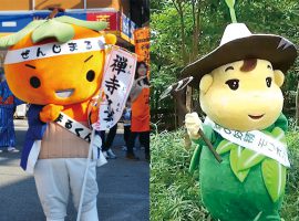 禅寺丸柿キャラクター「かきまるくん」（左）と「森の妖精 モリオン」（右）も来場し、一緒に写真撮影ができる